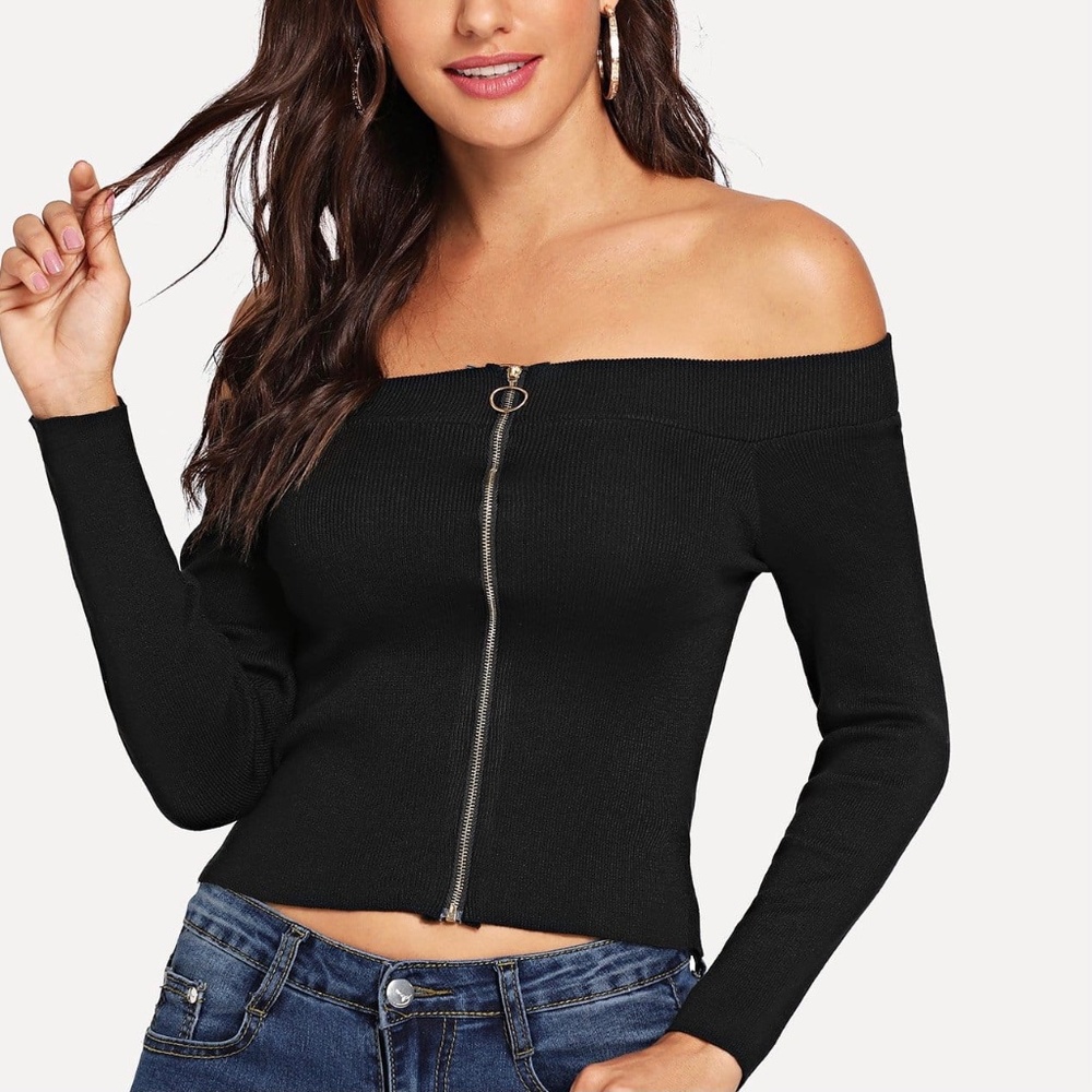 NWT Zara Black Fitted Front Zipped Long Sleeve Off the Shoulder Crop Top Small - Picture 1 of 9